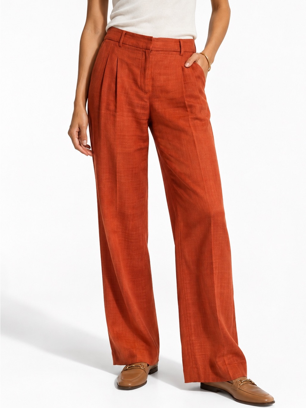 House of Harlow 1960 Orange Linen Blend Pleated High Rise Trousers 4 Lightweight